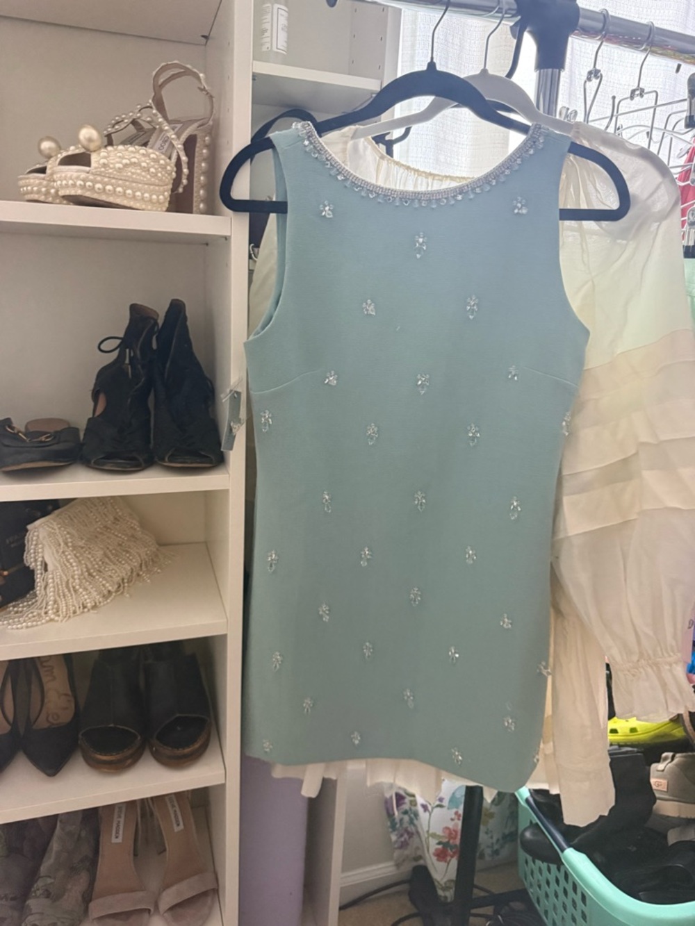 BHLDN Crystal-Embellished Aqua Mini Dress